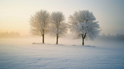 Fototapeta premium A serene winter landscape with three frosted trees under a soft, misty sky.