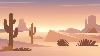 Peaceful Desert Landscape at Sunset with Sand Dunes, Cacti, and Rock Formations