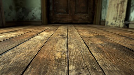 Rustic wooden floor planks, worn and aged, leading to a closed door. Perfect for backgrounds, adding texture and a vintage feel to your designs.
