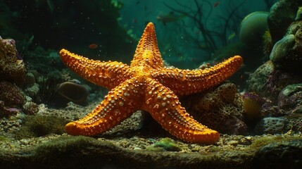 Orange starfish on ocean floor, underwater scene.