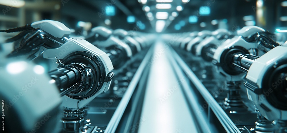 Poster futuristic assembly line with robotic arms in a high-tech environment.