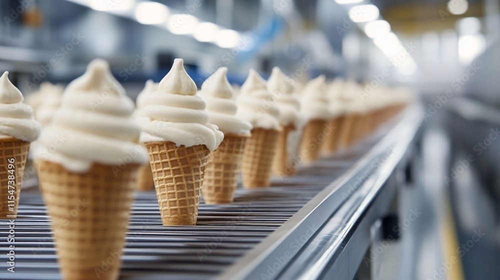 Poster ice cream cones on a production line in a factory setting.