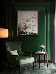 Elegant Green Room Featuring Armchair Artwork And Side Table