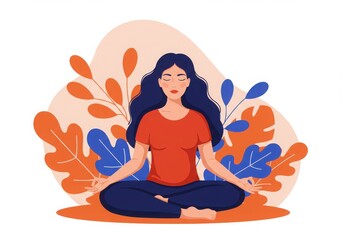 Serene yoga pose, meditating woman, cross-legged, red shirt, long dark hair, stylized floral