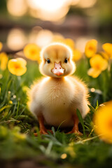 Adorable Innocence: Close-Up Portrait of a Single Yellow Duckling in Natural Outdoor Surroundings