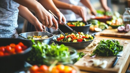 Community Kitchen Workshop with Enthusiastic Participants Preparing Fresh Vegetables and Colorful Salads in a Bright and Inviting Culinary Space