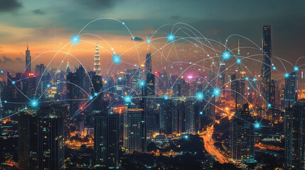 Obraz premium Smart digital Innovation city with connection network reciprocity over the cityscape. of future smart wireless city and social media networking systems that connects business people with in city