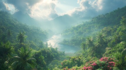 Misty sunrise over lush green tropical valley river.