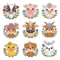 Fototapeta premium Set of ten adorable farm animals with flowers, vibrant vector style, medium eyes, white background. 