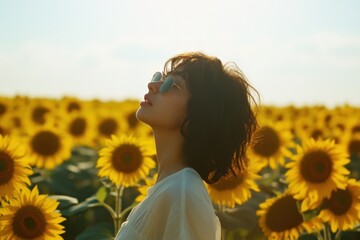 Naklejka premium A woman in sunglasses stands amidst a vibrant sunflower field, enjoying the sunny atmosphere.