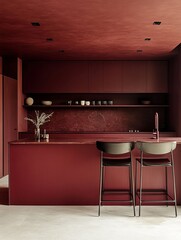 Modern Maroon Kitchen Island with Sleek Bar Stools
