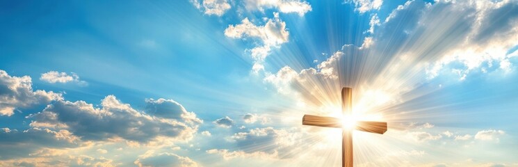 Obraz premium A magnificent Radiant Cross illuminated by Divine Light stands out against a cloudy Easter sky, symbolizing hope, faith, and the beauty of the resurrection, bringing blessings to the community