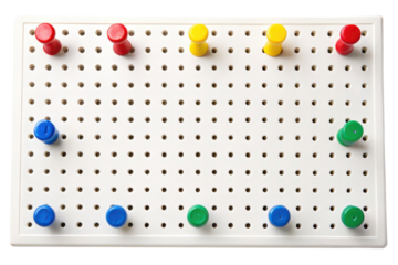 Pegboard with colorful pegs in various positions isolated with transparent background