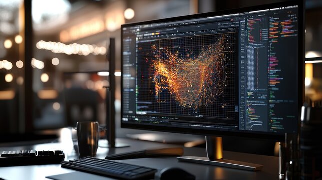 Data visualization on a computer screen in a modern office.