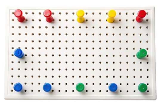 Pegboard with colorful pegs in various positions isolated with transparent background
