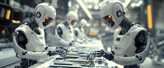 Fototapeta premium Robots assembling technology in a futuristic industrial setting.