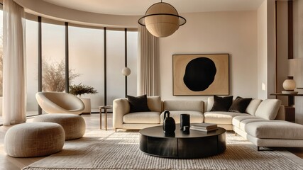 Minimalist living room, neutral color palette, curved sofa, round coffee table, abstract wall art, arched doorway, pampas grass, textured rug, modern interior design, warm lighting, cozy atmosphere, e