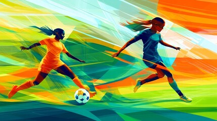 Fototapeta premium Dynamic and Colorful Illustration of Two Female Soccer Players in Action Amidst Vibrant Brush Strokes and Artistic Backgrounds Representing Movement and Energy
