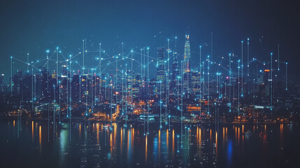 Obraz premium Smart digital Innovation city with connection network reciprocity over the cityscape. of future smart wireless city and social media networking systems that connects business people with in city