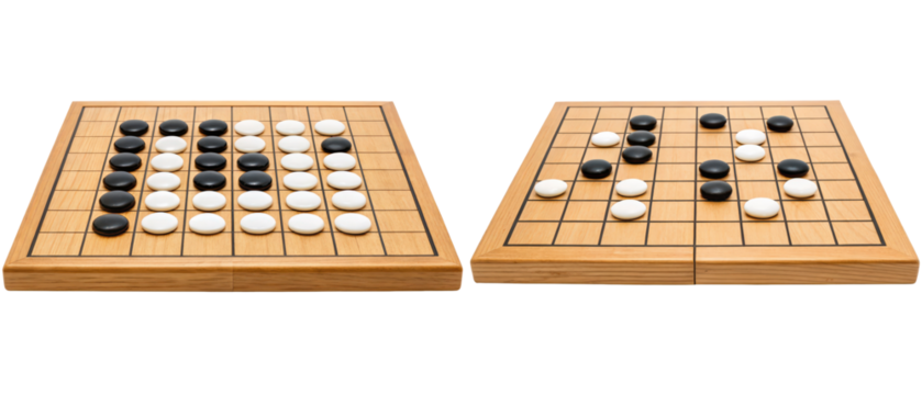 Two Go boards with black and white stones placed isolated with transparent background
