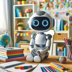 Mini ai robot sitting on a school desk
