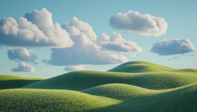 [serene countryside landscapes with rolling hills] Serene Spring Landscape with Rolling Hills and Fluffy White Clouds Against a Clear Blue Sky