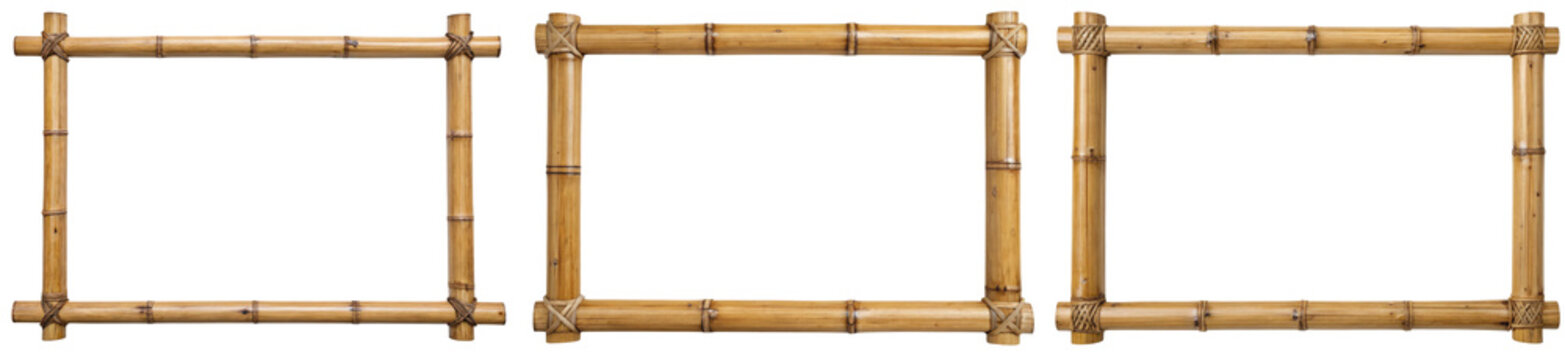 Three bamboo picture frames with different designs isolated with transparent background