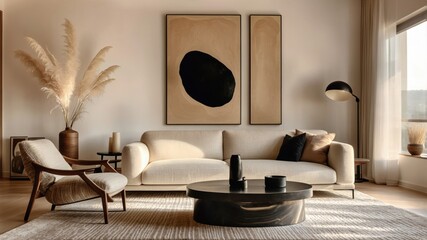 Minimalist living room, neutral color palette, curved sofa, round coffee table, abstract wall art, arched doorway, pampas grass, textured rug, modern interior design, warm lighting, cozy atmosphere, e