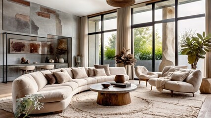luxurious living room, floor-to-ceiling windows, panoramic nature view, modern minimalist interior, neutral color palette, plush cream sofa, wooden coffee table, abstract wall art, cozy textures, natu