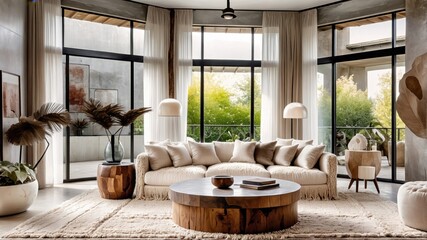 Fototapeta premium luxurious living room, floor-to-ceiling windows, panoramic nature view, modern minimalist interior, neutral color palette, plush cream sofa, wooden coffee table, abstract wall art, cozy textures, natu