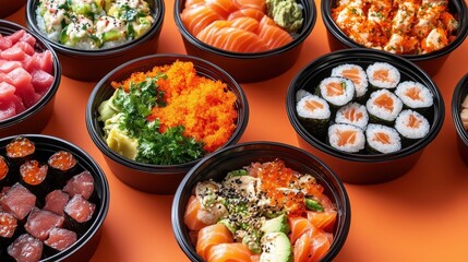 Assorted delicious sushi bowls & rolls. Perfect for restaurant menus, food blogs, and culinary websites.