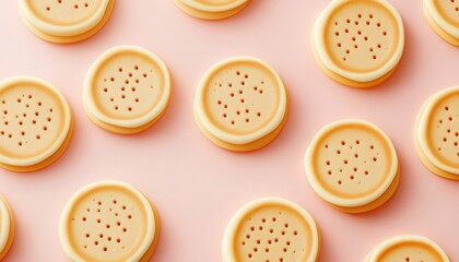 Fototapeta premium [Closeup of patterned cookies] Round food items with fruit-veg pattern on pink background soft focus baking cookies biscuits cutout close-up photography food styling prop