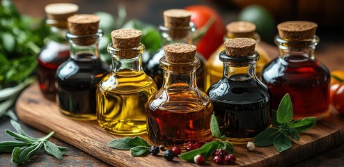 Assorted oils in glass bottles on a wooden surface.