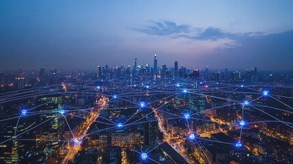 Obraz premium Smart digital Innovation city with connection network reciprocity over the cityscape. of future smart wireless city and social media networking systems that connects business people with in city