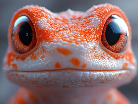 [Closeup photography of red and orange geckos with glossier scales] Vibrant Red Orange Gecko Close-up Portrait with Glossy Scales and Sticking Tongue High Contrast Background Blurred