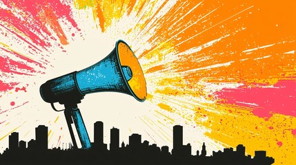 Colorful Megaphone Over City Silhouette Background