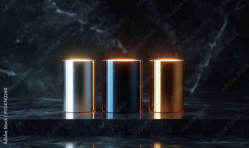 Poster three metallic cylindrical objects with glowing edges on a dark surface.