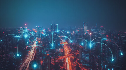 Obraz premium Smart digital Innovation city with connection network reciprocity over the cityscape. of future smart wireless city and social media networking systems that connects business people with in city