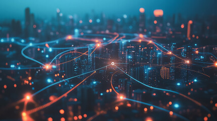 Smart digital Innovation city with connection network reciprocity over the cityscape. of future smart wireless city and social media networking systems that connects business people with in city