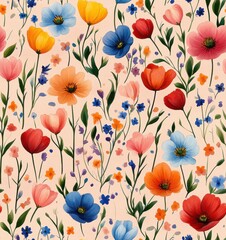 Fototapeta premium [Vintage floral patterns with pastel colors and detailed textures] Floral Pattern Design Vintage Floral Wallpaper Background with Tulips Poppies Pastel Colors