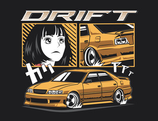 t-shirt illustration design with 90s car drift and girl vector graphic