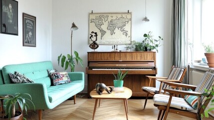 Mid-century modern living room with piano, teal sofa, and world map.