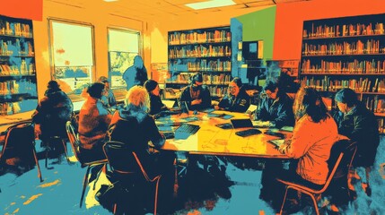 Obraz premium Group of Diverse Individuals Engaged in Collaborative Discussion Around a Table in a Library Setting, Innovative Learning Environment with Colorful Walls and Shelves
