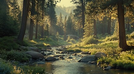 A serene forest scene with a gentle stream flowing through lush greenery and tall trees.