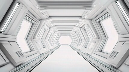 Obraz premium Modern Empty Long Corridor with White Background and Bright Light