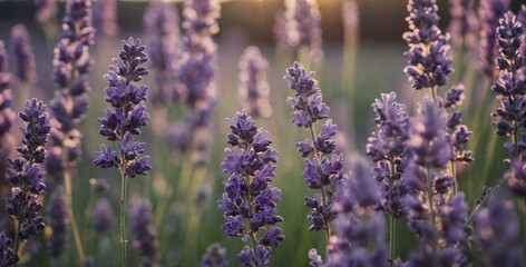Banner with soft focused Lavender flowers at sunset Blooming Violet fragrant lavender flower summer landscape Growing Lavender, harvest, perfume ingredient, aromatherapy Lavender field lit by see more