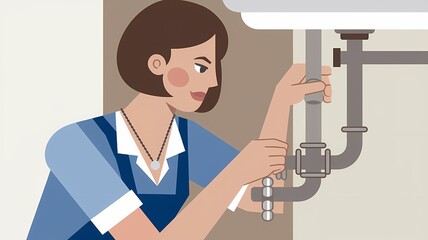 Flat 2.0 Art Illustration of a Female Plumber Fixing a Pipe in a Bathroom