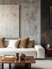 Modern minimalist living room with neutral tones and textured walls