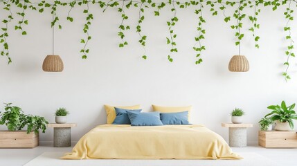 Minimalist bedroom with yellow bedding, hanging plants, and side tables.