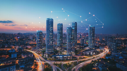 Fototapeta premium Smart digital Innovation city with connection network reciprocity over the cityscape. of future smart wireless city and social media networking systems that connects business people with in city